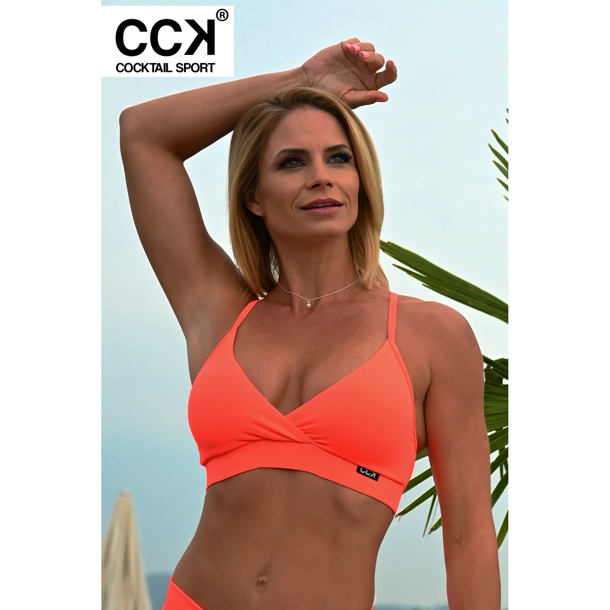 Neon korall (rio) basic, kivehető szivacsos, sportos háromszög bikini felső