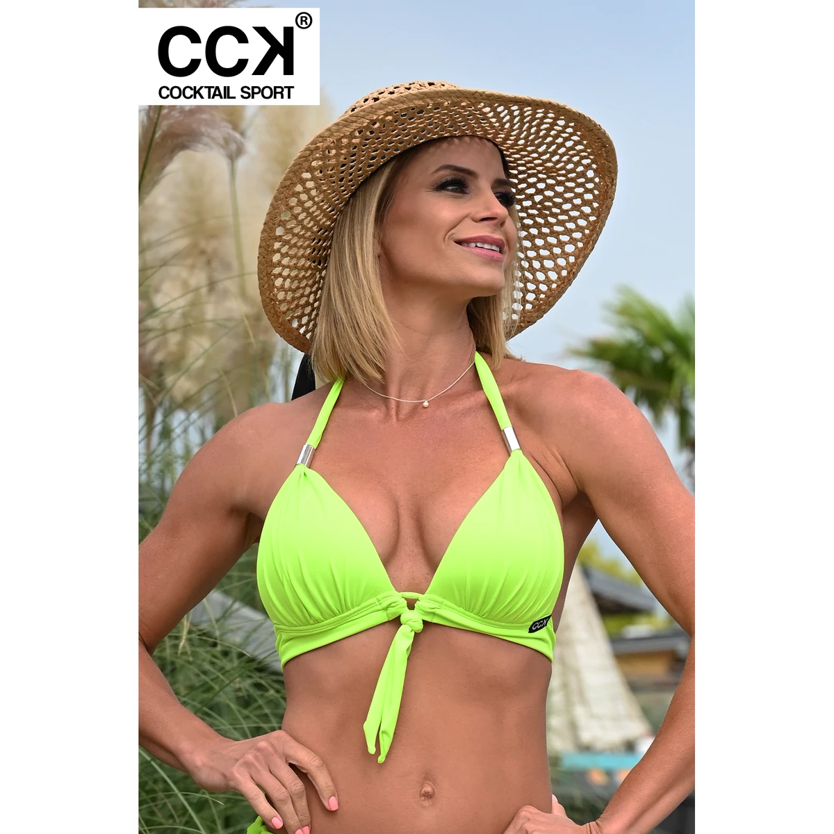 Neon zöld basic, alul széles pántos push up háromszög bikini felső