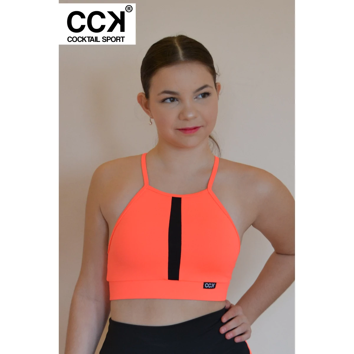 Neon korall (rio) - fekete basic betétes sport top