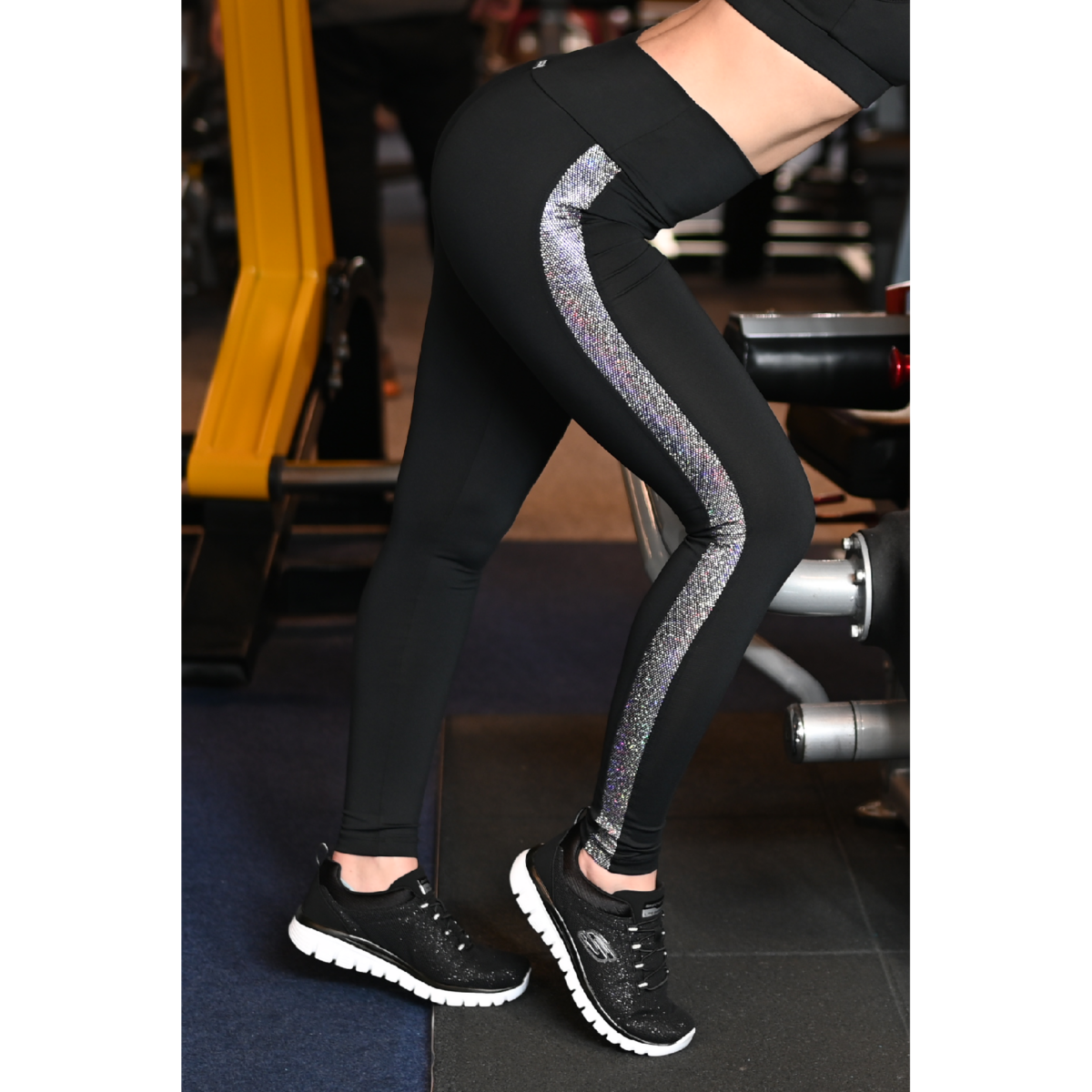 Fekete hologram oldal betétes, magasderekú női fitness sport leggings