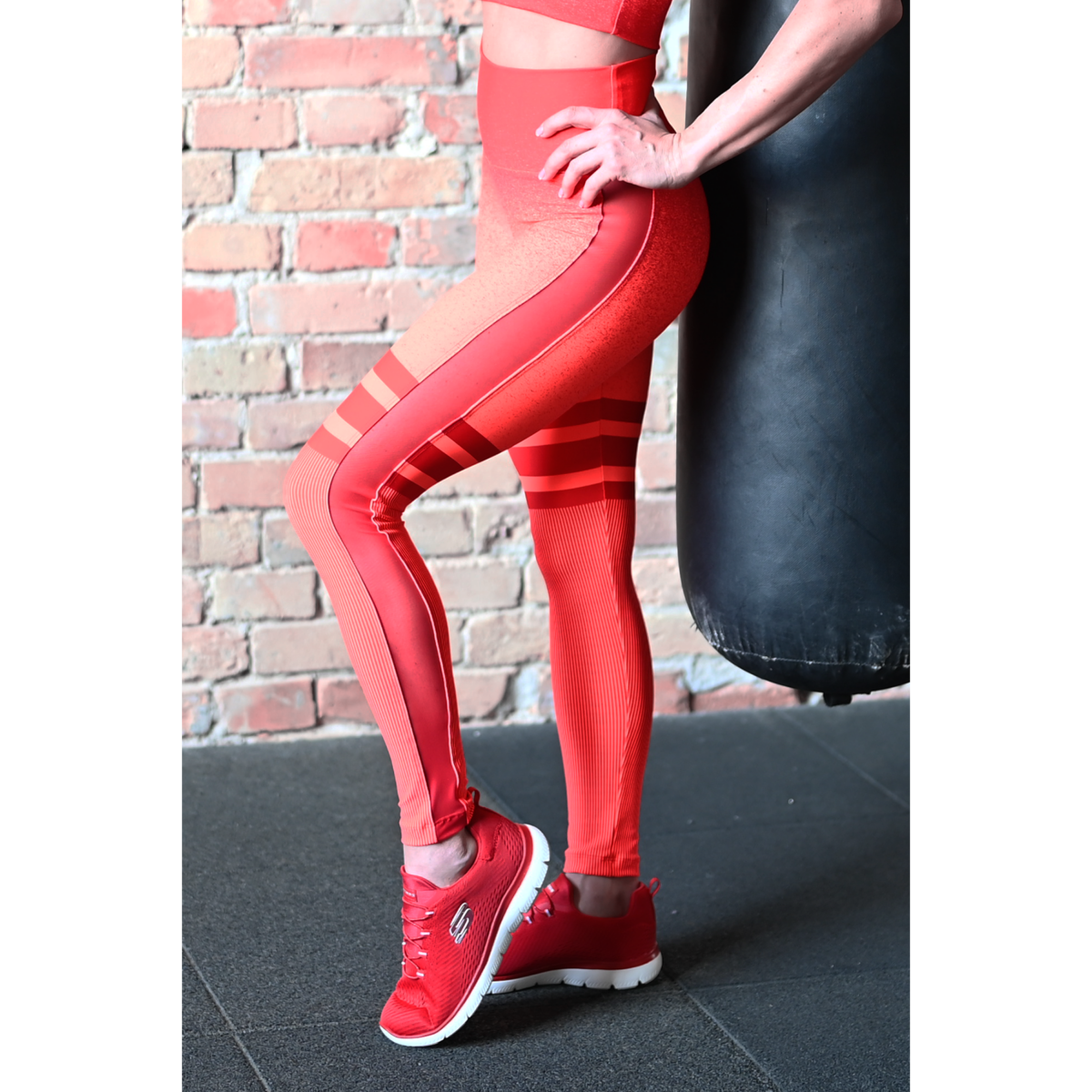 Melange korall-piros tüll betétes női fitnesz boka nadrág