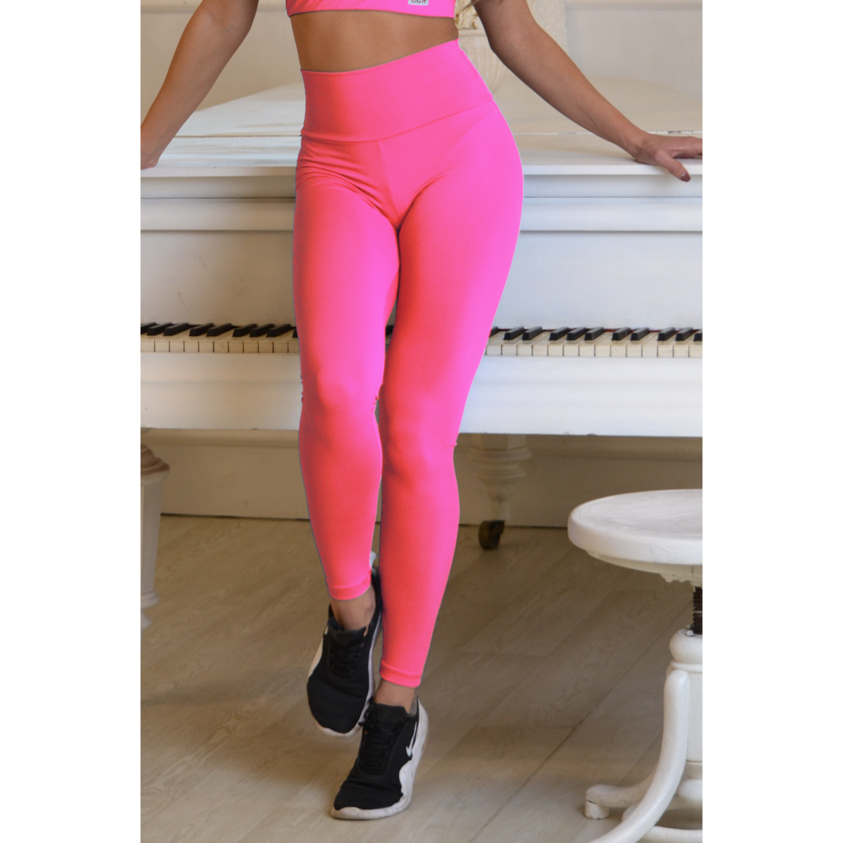 Neon pink (rosa shocking) basic magasderekú női fitness sport leggings