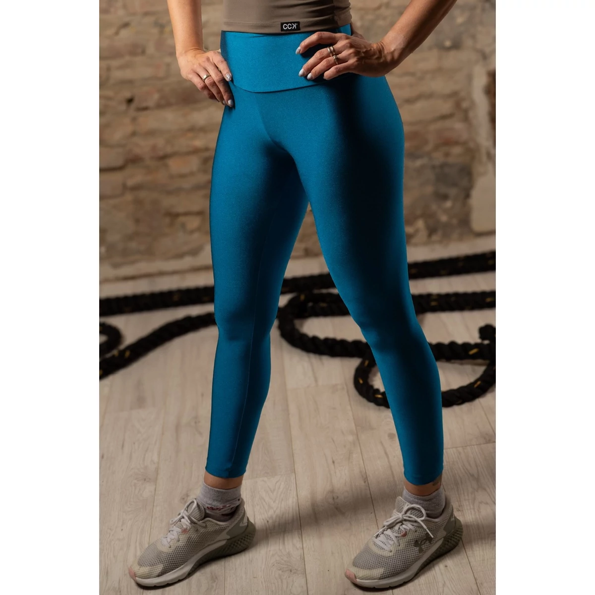 Olajkék fényes magasderekú női fitness sport leggings