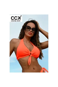 Neon korall (rio) basic, kivehető szivacsos, oldalpántos, D kosaras háromszög bikini felső