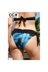 Fekete-türkizkék pálmás, hagyományos fazonú, derékpántos, megkötős bikini alsó.