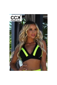 Fekete - neon zöld, oldalt szélespántos tricolor kivehető szivacsbetétes D kosaras háromszög bikini felső.