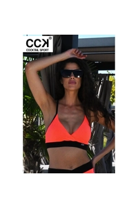 Neon korall (rio) - fekete basic, kivehető szivacsos, sportos háromszög bikini felső