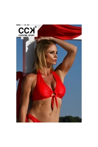 Extra fényes, csiszolt piros, kivehető szivacsos, oldalpántos, D kosaras háromszög bikini felső
