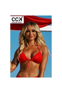 Piros, vékonypántos push up háromszög bikini felső, extra fényes, csiszolt betéttel