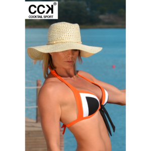 Narancssárga-fehér-fekete, oldalt szélespántos tricolor push up háromszög bikini felső.
