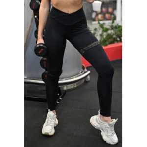 Fekete csipke combfix betétes, magasított V derekú női fitness sport leggings