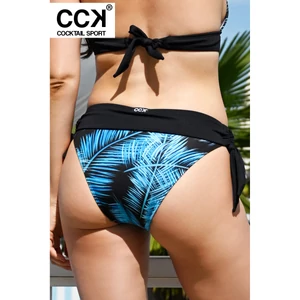 Kép 1/3 - Fekete-türkizkék pálmás, hagyományos fazonú, derékpántos, megkötős bikini alsó.