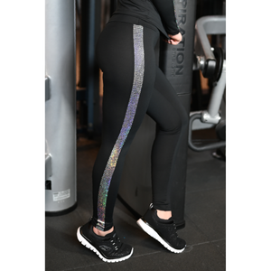 Fekete hologram oldal betétes, magasderekú női fitness sport leggings