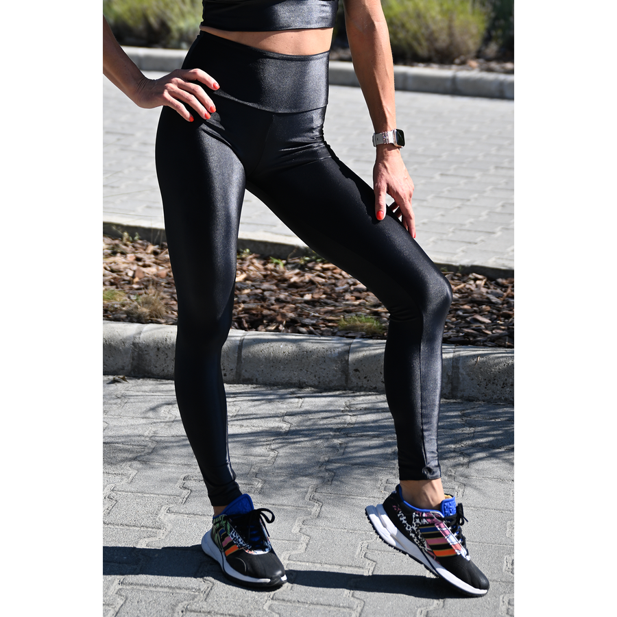 Fekete extra fényes, csiszolt, magasderekú női leggings