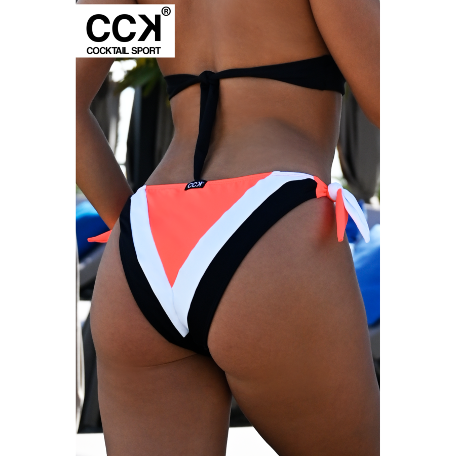 Fekete-fehér-neon korall (rio), oldalt megkötős, hagyományos fazonú tricolor bikini alsó.