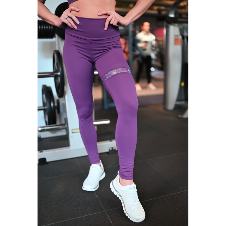 Padlizsán lila hologram combfix betétes, magasderekú női fitness sport leggings