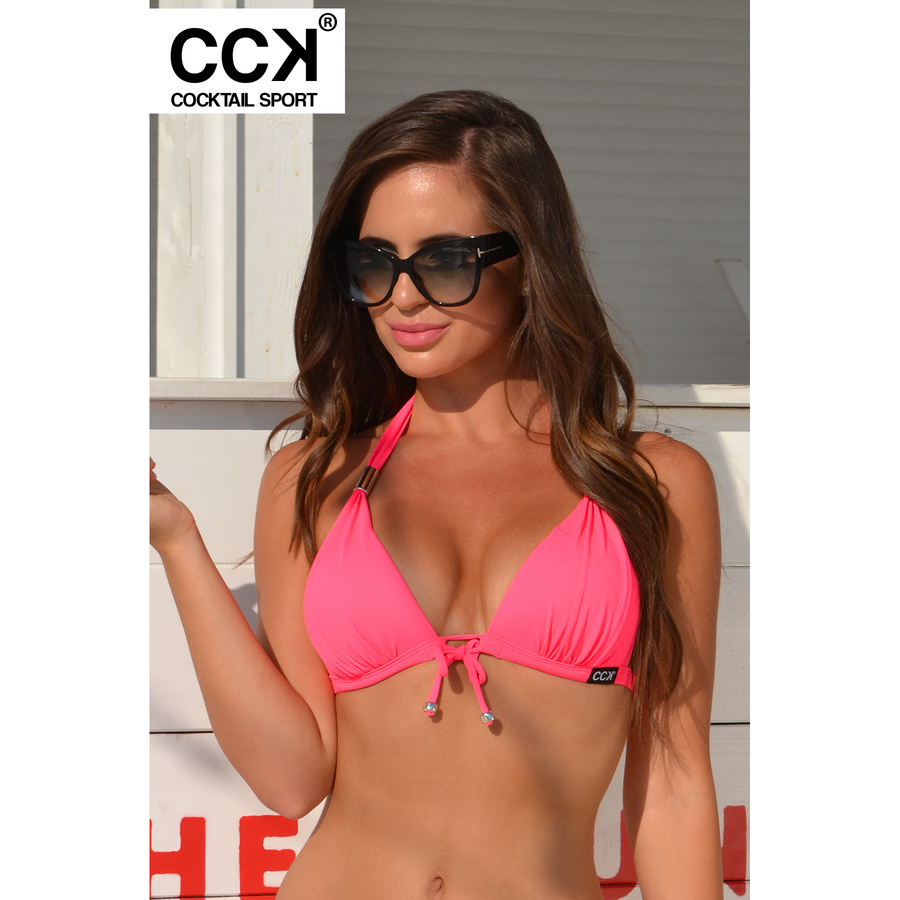 Neon pink basic, kellékes, push up háromszög formakosaras bikini felső
